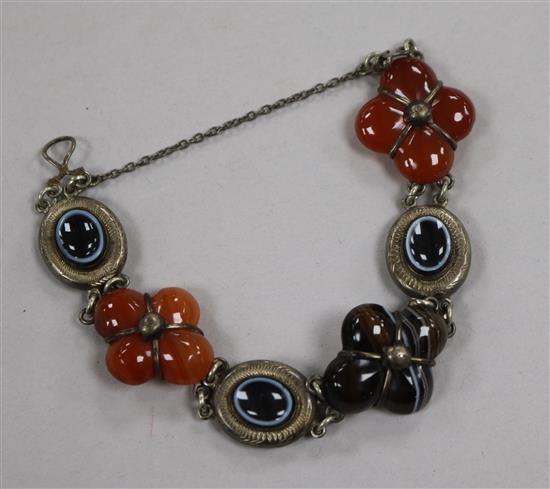 A Victorian Scottish white metal, banded agate and carnelian set bracelet.